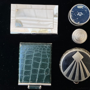 Vintage Silver-tone Art Deco Compacts, Powder, Rouge, Mirrored, 1920’s, Richard Hudnot, Elmo, made in USA