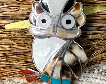 Vintage Sterling Silver Inlay Owl Brooch/Pendant, Snowa Esalion, Zuni, 1989, Made in USA