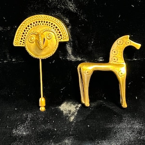 Two Vintage 24 KGF/Plated Brooches: Cano Replica Shaman Bird, Original Box and Certificate, Columbia; Getty Museum Greek Horse, 1980’s, USA