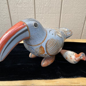 Vintage Tonala Ceramic Birds, Large Toucan and Small Dove, signed, Made in Mexico, 1970’s