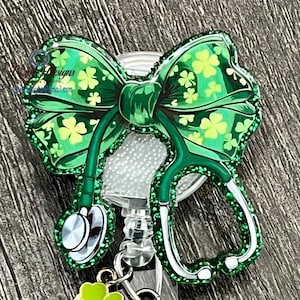 Lucky Stethoscope Bow Badge reel, ID Holder, card holder, nurses, teachers, medical badge reels, clover bow