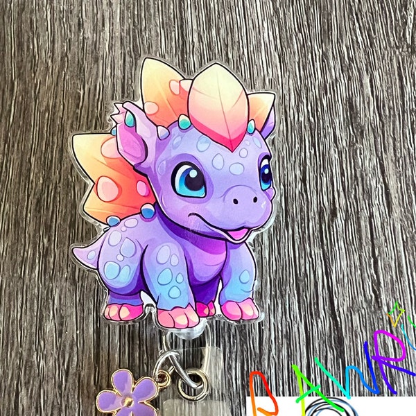 Cute Purple Dinosaur Retractable Badge Reel, ID Holder
