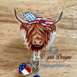 2” acrylic- patriotic Highland Cow badge reel/ID Holder/nurses/teachers/western