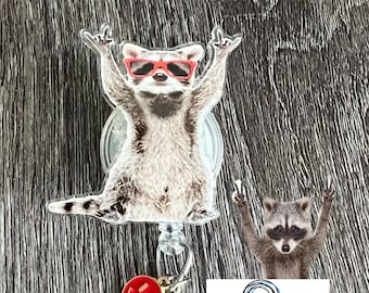 1.9”  Acrylic -Rockin Racoon Badge reel/ID Holder card holder/nurse/teachers/fun/silly