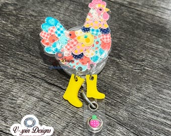 Sassy Patchwork Chicken in boots Badge reel/ID Holder card holder/nurse accessories