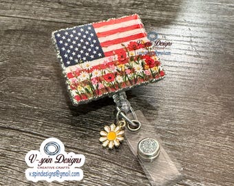 USA Flag badge reel/ID Holder/nurses/teachers/4th of July/VA/patriotic