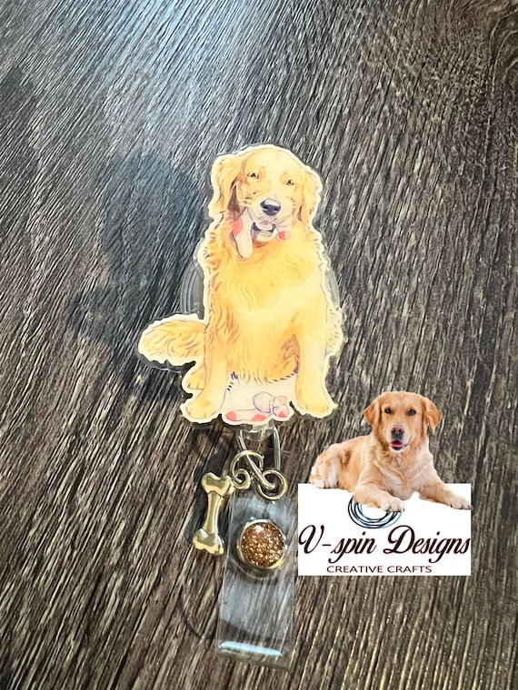 2 Acrylic Golden Retriever Dog With Socks, Retractable Badge Reel/id Holder/card  Holder/dog 