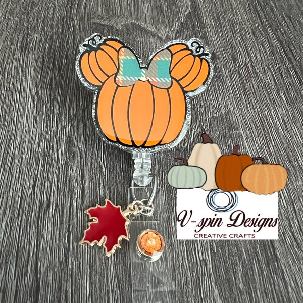2” FallPumpkin badge reel with ears and bow/ID Holder card holder/nurse/teachers/Fall/thanksgiving