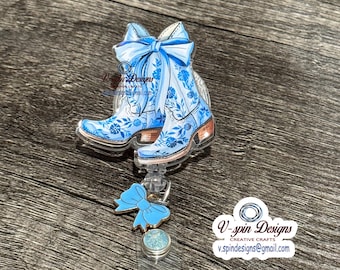 Cowgirl Boots/Blue Bow retractable badge reel/ID holder/nurse/card holder/teachers/students/western