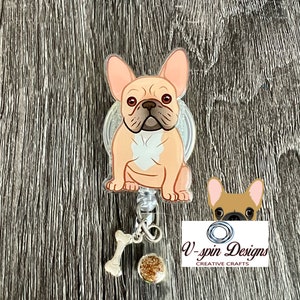 2” Acrylic-Tan Frenchie dog Badge reel/ID Holder/card holder/nurses/teachers/students/dogs