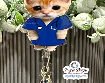 Funny Nurse Kitty Badge Reel: Acrylic ID Holder with Stethoscope Charm