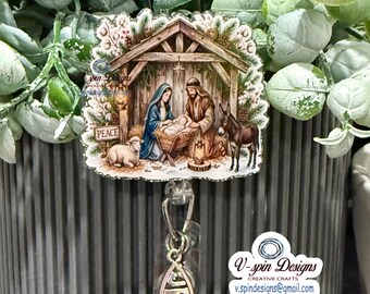 1.8” Silver Glitter Acrylic, Nativity badge reel/ID Holder/religious Christmas badge reels