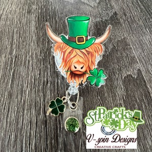 2” acrylic- Lucky Highland Cow badge reel/ID Holder/nurses/teachers/St. Patrick’s day