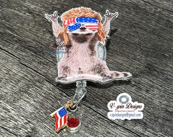 Funny Rockin' ‘MericaRacoon Badge reel/ID Holder card holder/nurse badge reels/teachers/funny badge reels/racoon badge reels/gift for nurses