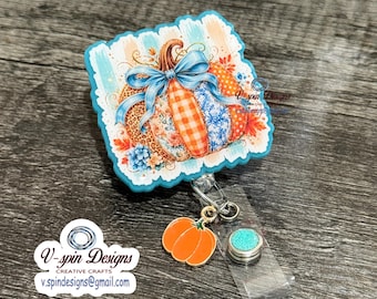 Seasonal Pumpkin fall badge reel/ID Holder/nurse/teachers/Thanksgiving badge reels