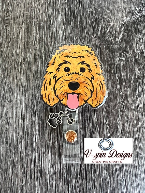 2 Acrylic Golden Colored Doodle Dog Badge Reel/id Holder/card  Holder/nurses/teachers/students/dogs 