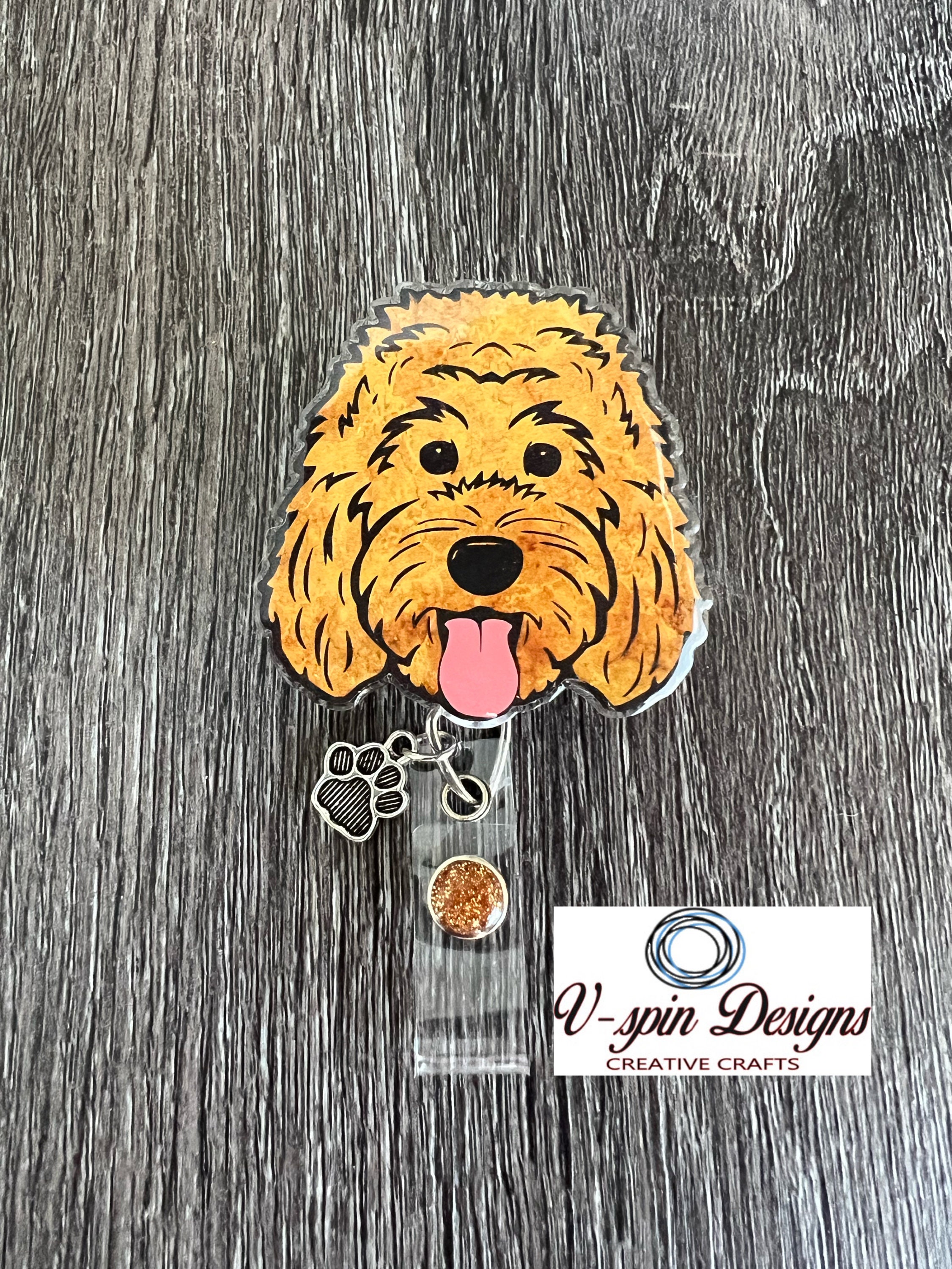 2 Acrylic Golden Colored Doodle Dog Badge Reel/id Holder/card