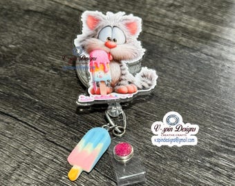 Cute whimsical Summer Cat badge reel/ID Holder/nurse gifts