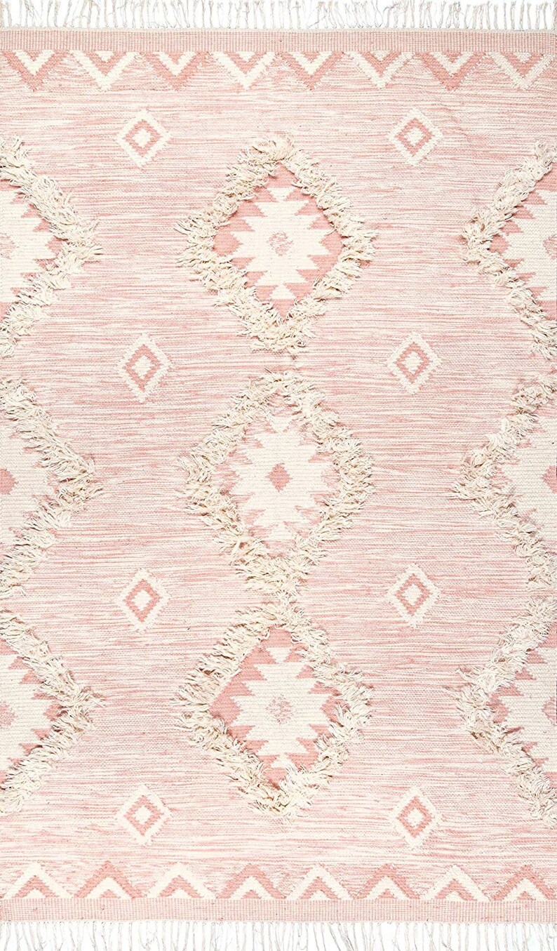 Indian Handmade Wool Fringe Area Rug Made of 100 Wool Pink Etsy