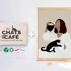 Set "Cat and coffee", pouch + poster, Gift for cat lover and coffee drinker, Eco-friendly products