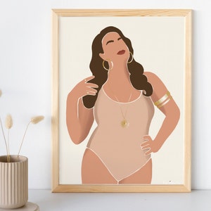 Affiche "Éclatante" , Poster satiné éco-responsable, Illustration d'une femme ronde, pulpeuse, avec des formes, Décoration couleurs pastels