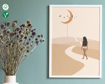 "Dreaming" poster, Woman walking in the moonlit desert, Spirituality illustration, Dreamer, Eco-responsible satin poster
