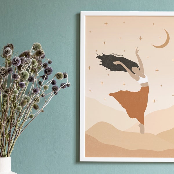 “Free as air” poster, Eco-responsible satin poster, Spiritual illustration of a woman dancing under the moonlight