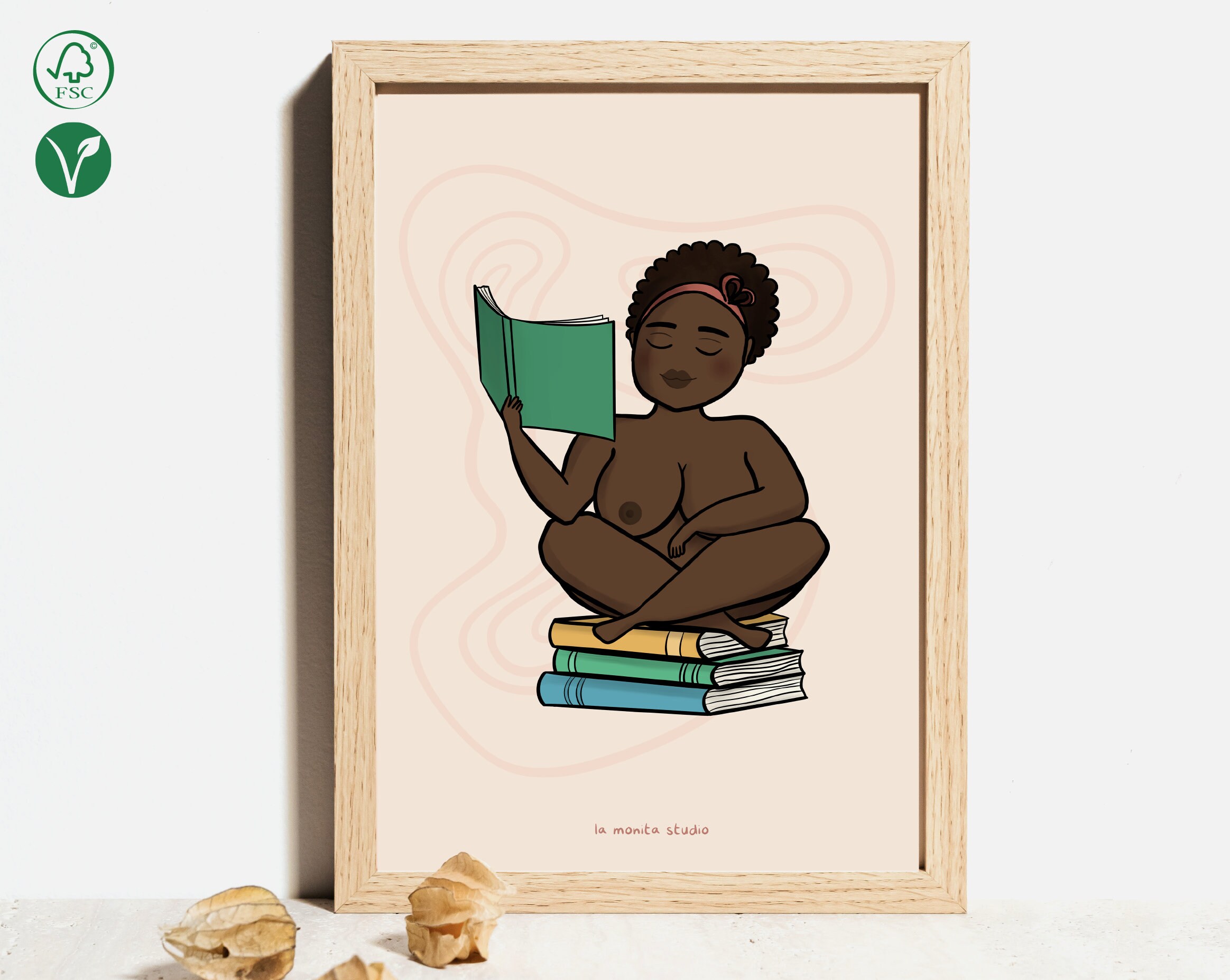 "Peaceful Reading" poster, Eco-friendly satin poster, Illustration of a woman reading a book, Library or office decor, Reader