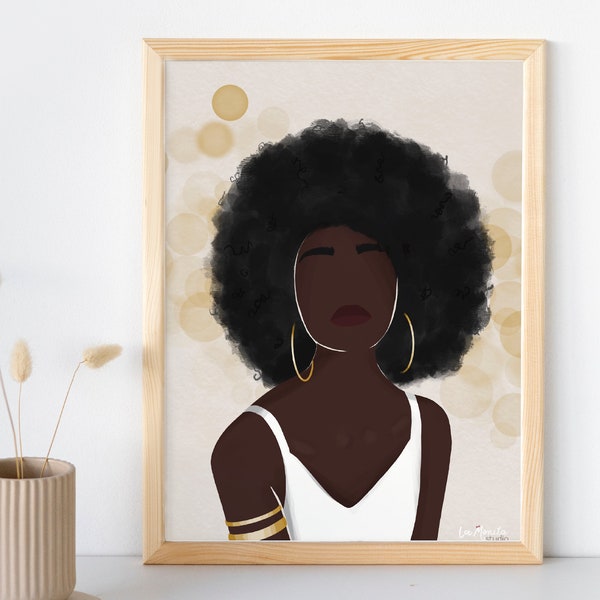 Affiche "Cheveux naturels", Poster satiné éco-responsable, Illustration femme peau noire avec cheveux afro, Décoration couleurs pastels