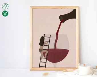 "Red wine pool" poster, eco-responsible satin poster, decoration for wine lovers, fun illustration for oenophiles