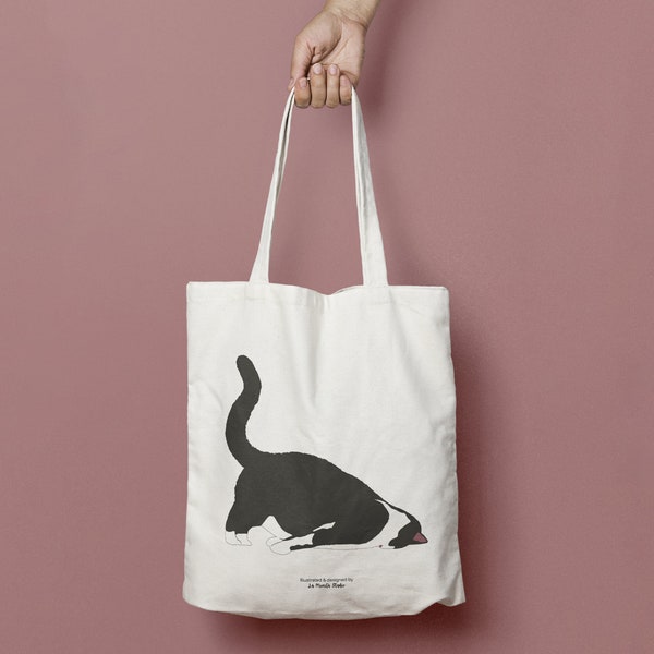 Gerecycleerde katoenen tas met grappige kat, Beige eco-verantwoordelijke draagtas met kat die yoga doet, Canvas tas om te winkelen