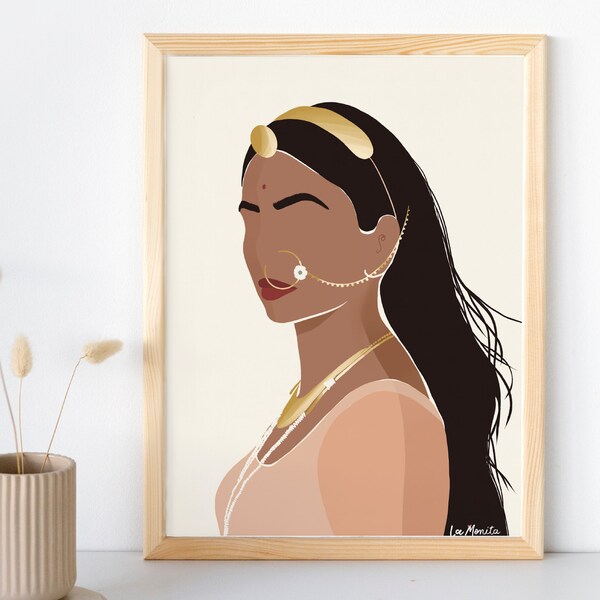 Affiche "Indienne", Poster satiné éco-responsable, Illustration femme hindou avec pottu, Décoration couleurs pastels