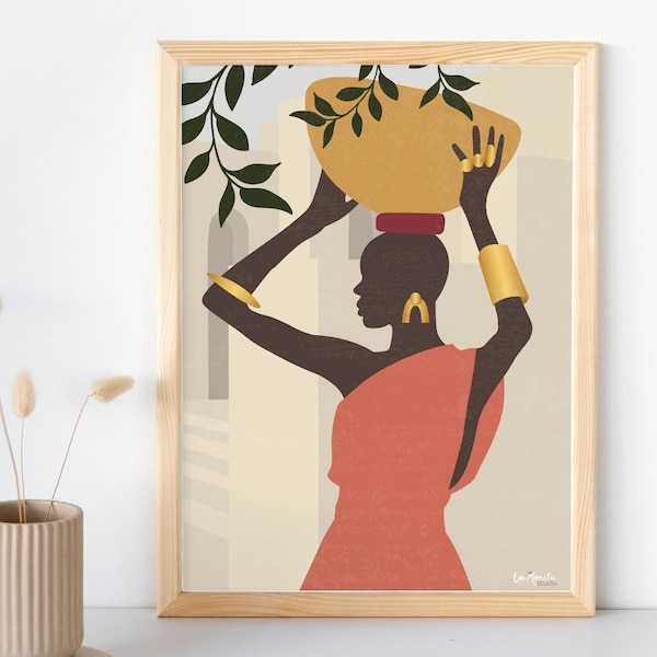 African woman poster, Illustration of black skin woman wearing a bowl and gold jewelry, Eco-responsible satin minimalist poster