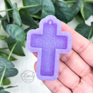 Flower engraved cross silicone mold, cross keychain, resin mold, silicone mold, floral mold