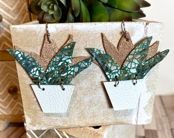 Succulent earrings - green and gold leaves, white pot