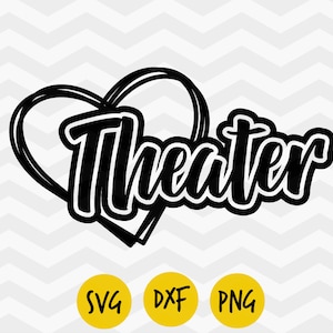 May include: Black and white graphic design of a heart with the word "Theater" inside. The design is perfect for crafting projects, such as vinyl decals, iron-on transfers, and more.