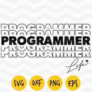 Pode incluir: Design gráfico em preto e branco com o texto "PROGRAMMER Life" repetido várias vezes. O texto está em um estilo retrô com um símbolo de coração no final. O design está sobre um fundo branco com um padrão de chevron cinza.