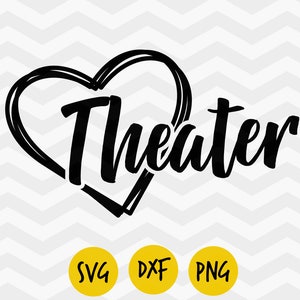 May include: Black and white graphic design of a heart with the word "Theater" written inside. The design is on a gray and white chevron background.