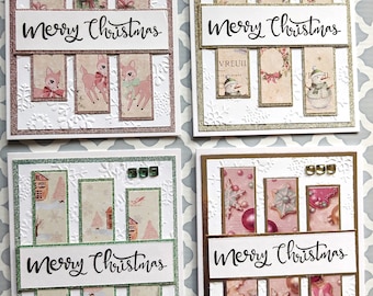 May include: Four rectangular greeting cards featuring a white embossed snowflake background. Each card has three vertical panels with festive imagery, a horizontal white strip with the black text Merry Christmas, and three small decorative gems.