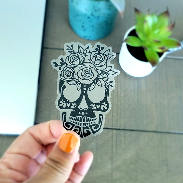 Clear Floral Calavera Vinyl Sticker | Clear Sticker|  Waterproof Sticker | Floral | Day of the Death| Dia de los Muertos |