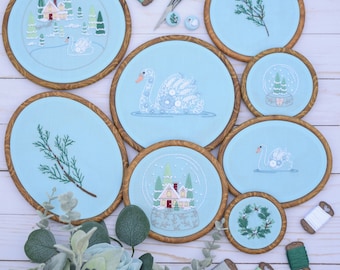 Evergreen Christmas Embroidery Pattern: Winter Swan, Snow Globe (PDF Pattern)
