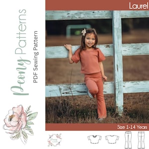 May include: A PDF sewing pattern for a girl's top and trousers set called "Laurel" by "Peony Patterns". The pattern includes a cropped top with short sleeves and flared trousers. The pattern is available in sizes 1-14 years.