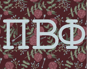 May include: White letters spelling "ПВФ" on a maroon background with a floral pattern of small pink flowers and green leaves.