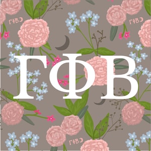 May include: A light brown background with a floral pattern featuring pink carnations, blue forget-me-nots, and green leaves. The letters "ГФВ" are in white, centered on the background.