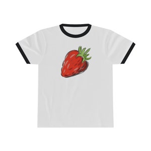 May include: White t-shirt with a black ringer and a red strawberry graphic.