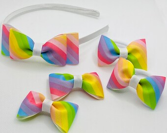 6 piece Handmade hair set. Rainbow.