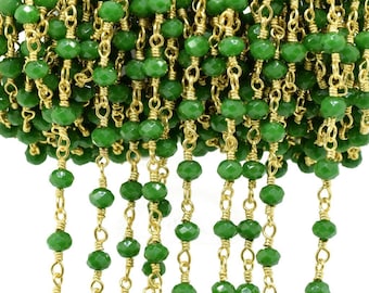 Green Agate 3mm Beaded Chain,Green Agate Faceted Beads Wire Wrapped Chain,Brass chains,Jewelry Making Chain,Green Agate Beads rosary Chain