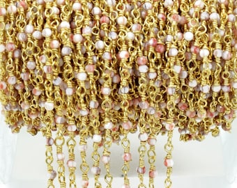 Pink Opal Rosary chain,Pink Opal beaded chain,Gemstone beaded chain,2mm beaded chain,Gold plated beaded chain,Opal rosary, beaded chain roll