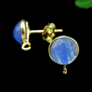 Blue Chalcedony 8mm Round Earring Connector,DIY Jewelry Making Supply,Earring Making Connector,Ear Post Studs Connectors,Ear Studs,Gemstone