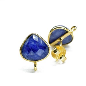 Blue Sapphire 10mm Heart Shape Earring Connector,Earring Findings,Blue Sapphire post stud,Gold Plated Earring Connector,Sapphire Stud